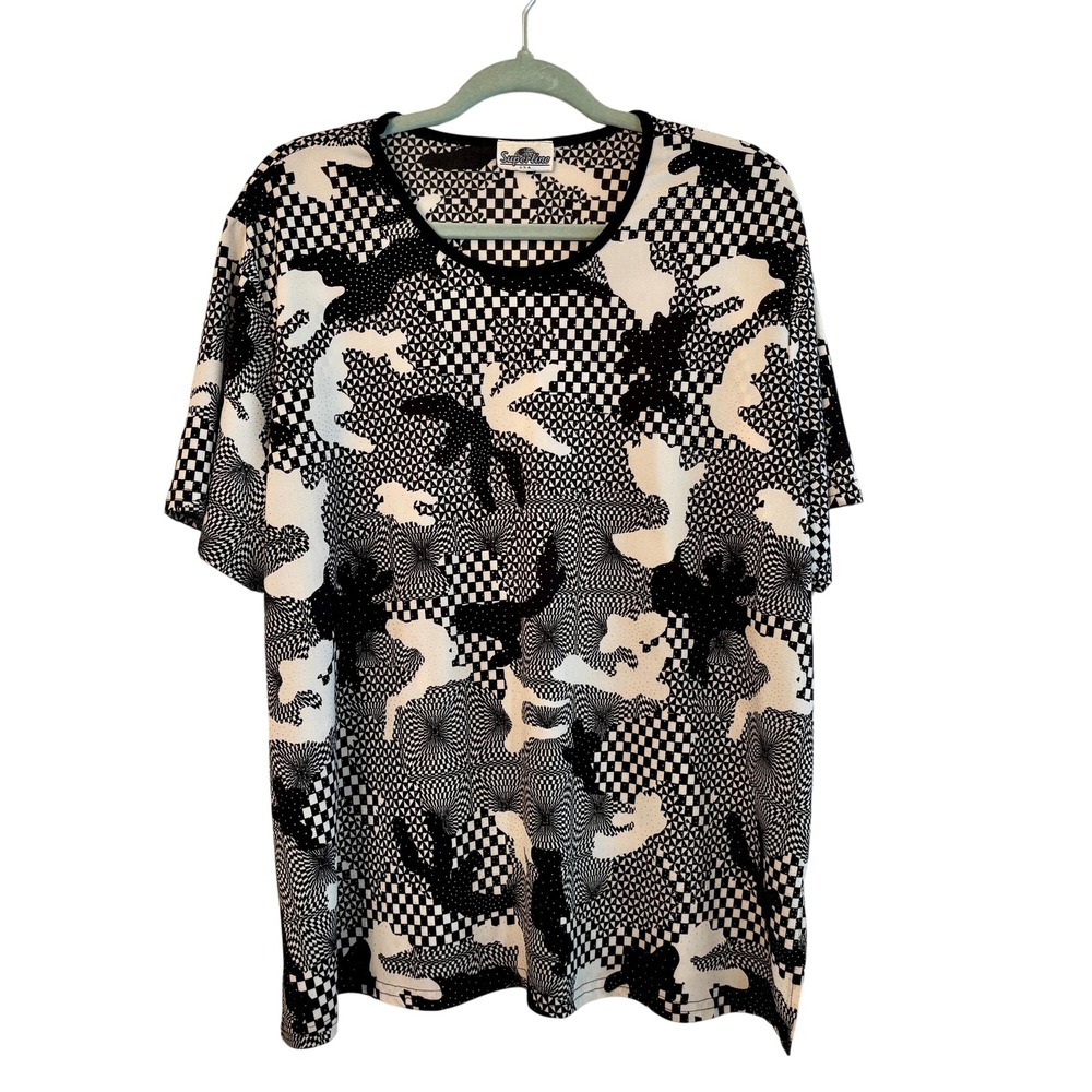 Superline Stretchy‎ T-Shirt Blouse Women's 2XL Black White Camo Polka Dots Check